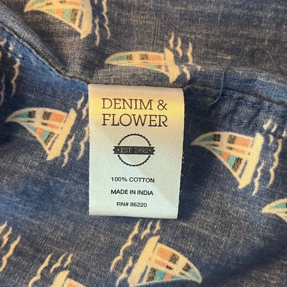Denim & Flower Mens Large Slim Fit Blue Sailboat Print Short Sleeve Button Shirt
